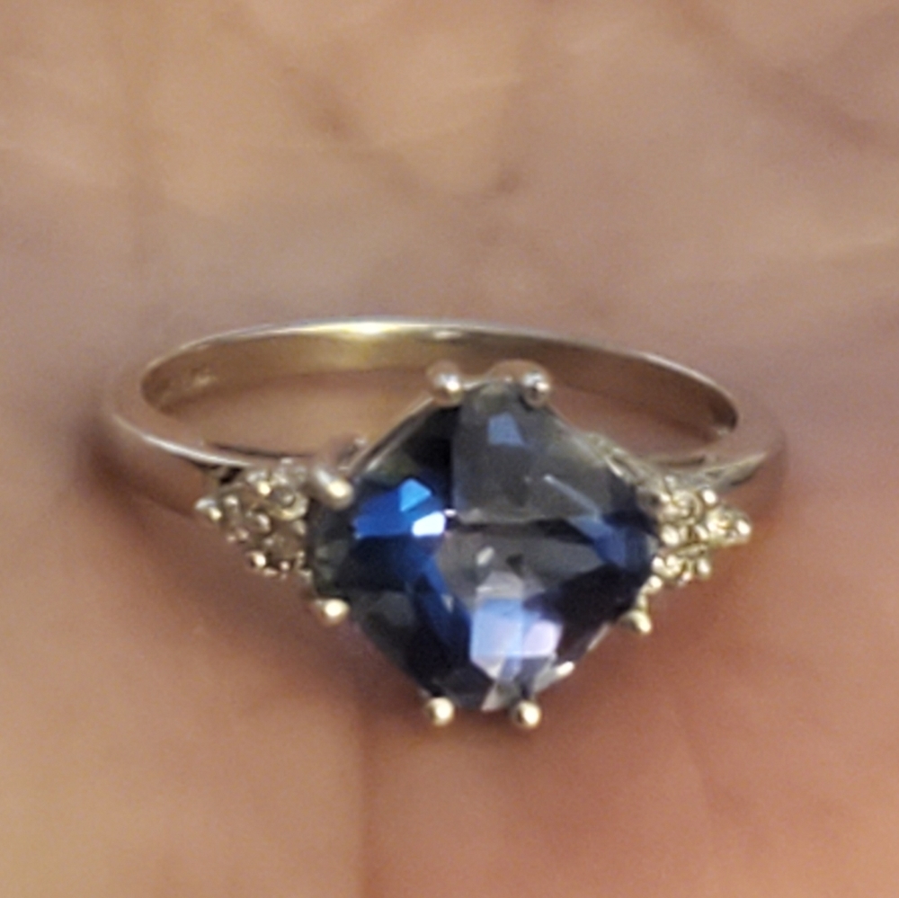 Checkerboard cut Neptune garden topaz/diamond ring - Picture 2 of 7